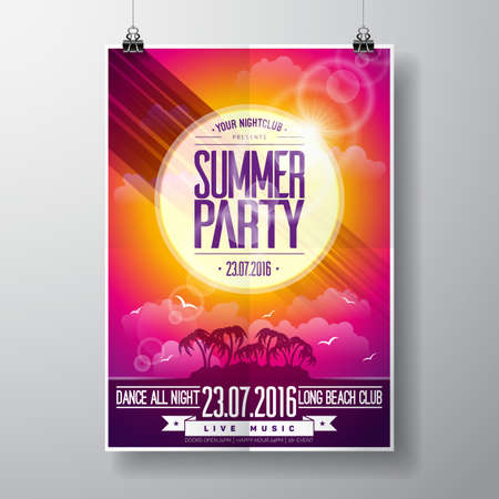 Summer Beach Party Design with typographic elements on ocean landscape background. illustration.のイラスト素材