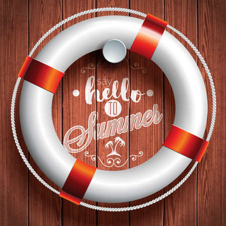 Say Hello to Summer inspiration quote with lifebuoy on wooden background.のイラスト素材