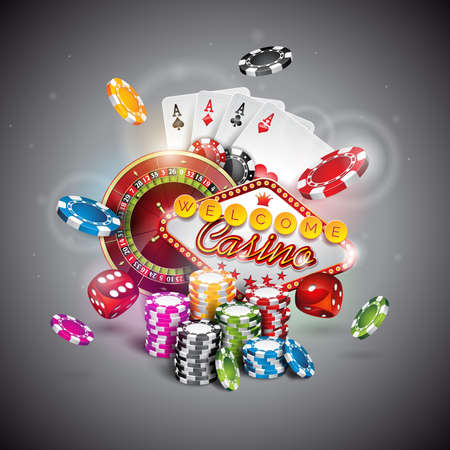 Vector illustration on a casino theme with color playing chips and poker cards on dark background.のイラスト素材