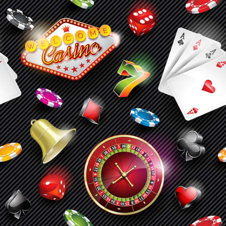 Vector seamless casino pattern illustration with gambling elements on dark striped background. EPS 10 design.のイラスト素材
