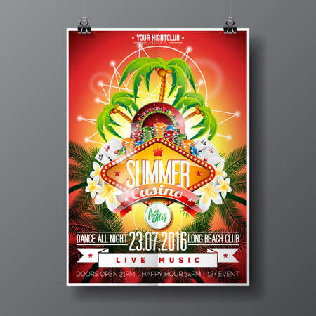 Vector Party Flyer design on a Casino theme with roulette wheel and game cards on palm background.のイラスト素材