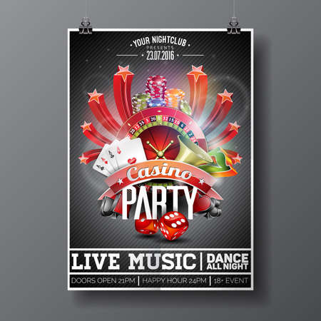 Vector Party Flyer design on a Casino theme with roulette wheel and game cards on dark background.のイラスト素材