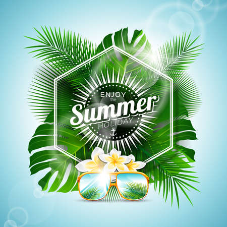 Vector Enjoy the Summer Holiday typographic illustration with tropical plants and flowers on light blue background.のイラスト素材
