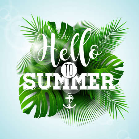 Vector Say Hello to Summer typographic illustration with tropical plants on light blue background.のイラスト素材