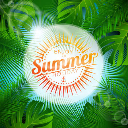 Enjoy the Summer Holiday typographic illustration with tropical plants and sunlight on light blue background.のイラスト素材