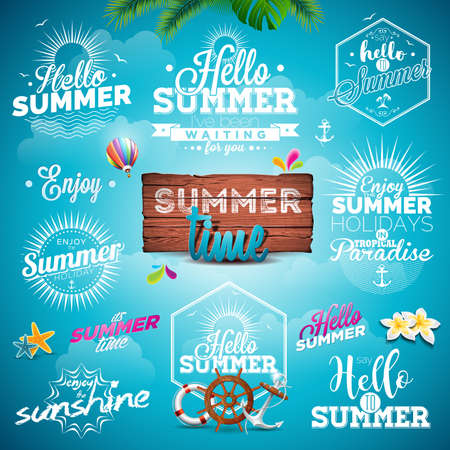 Summer Typography Illustration set with signs and symbols on blue background. Icon collection for travel agency, restaurant and bar, beach vacation and party.のイラスト素材
