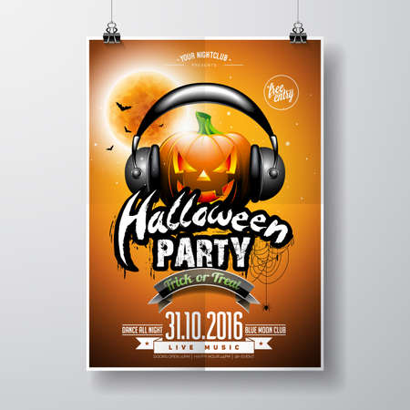 Halloween Party Design with pumpkin and headphone on orange background.のイラスト素材