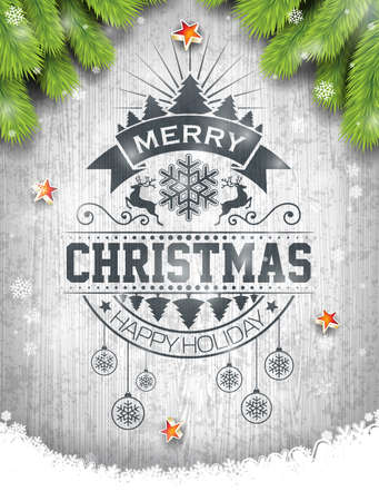 Vector Merry Christmas Holiday and Happy New Year illustration with typographic design and snowflakes on wintage wood background.のイラスト素材