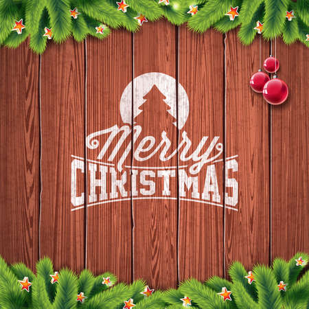 Vector Merry Christmas Holiday and Happy New Year illustration with typographic design and snowflakes on wintage wood background.のイラスト素材
