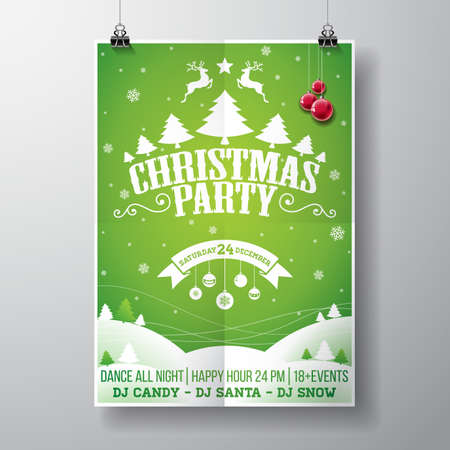 Vector Merry Christmas Party design with holiday typography elements and glass balls on winter landscape background.のイラスト素材