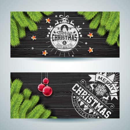 Vector Merry Christmas banner illustration with typography design and pine tree branch on vintage wood background.のイラスト素材