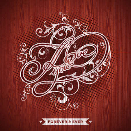 Vector illustration on a Valentine's Day theme with I Love You typographic design on wood texture background. Eps 10.のイラスト素材
