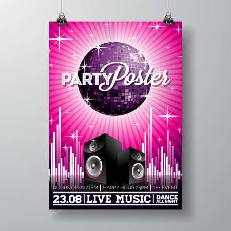 Vector Party Flyer Design with music elements on violet background.