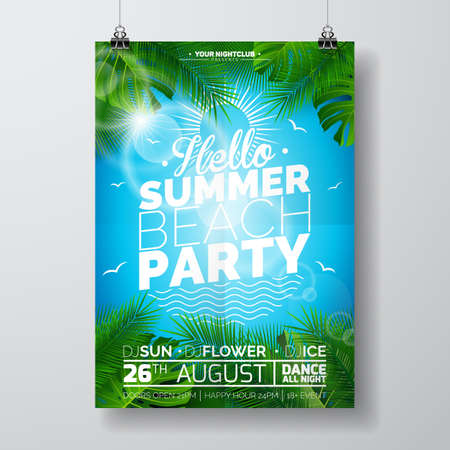 A Vector Summer Beach Party Flyer Design with typographic design on nature background with palm trees. Eps10 illustration.のイラスト素材