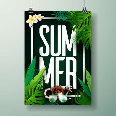 Vector Summer Time Holiday typographic illustration on palm leaves background. Tropical plants and flowers. Eps 10 design.のイラスト素材