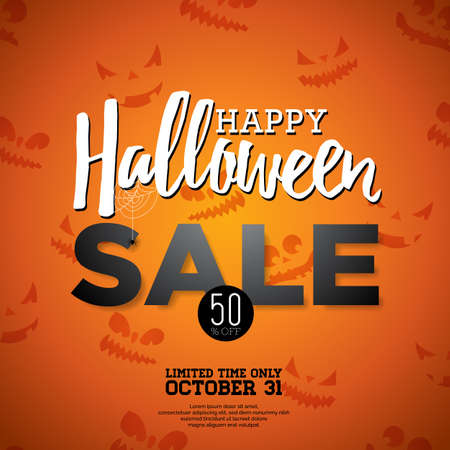 Hallowen Sale vector illustration with Holiday elements on orange background. Design for offer, coupon, banner, voucher or promotional posterのイラスト素材