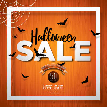 Halloween Sale vector illustration with spider and Holiday elements on wood texture background. Design for offer, coupon, banner, voucher or promotional posterのイラスト素材