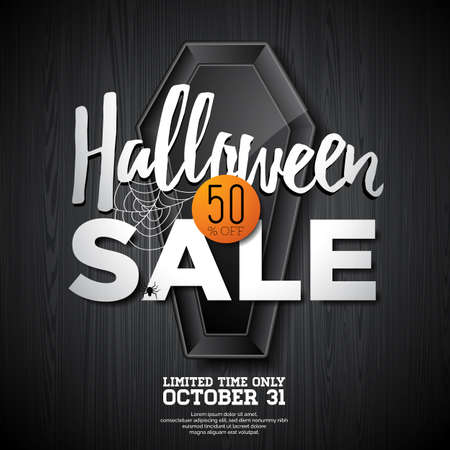 Halloween Sale vector illustration with coffin and Holiday elements on orange background. Design for offer, coupon, banner, voucher or promotional poster