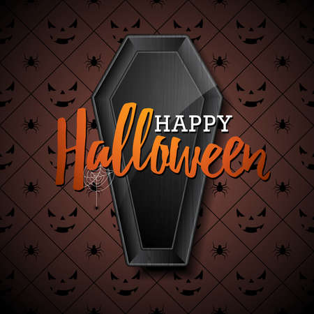 Happy Halloween vector illustration with black coffin on dark background. Holiday design with spiders and bats for greeting card, banner, poster, party invitationのイラスト素材