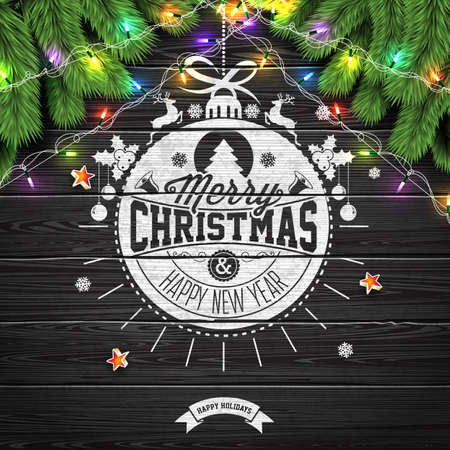 Merry Christmas and Happy New Year Illustration on Vintage Wood Background with Typography and Holiday Elements, Vector EPS 10 design.のイラスト素材