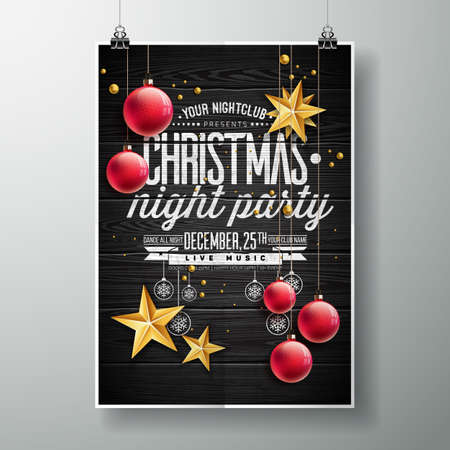 Vector Merry Christmas Party design with holiday typography elements and gold stars on vintage wood background.のイラスト素材