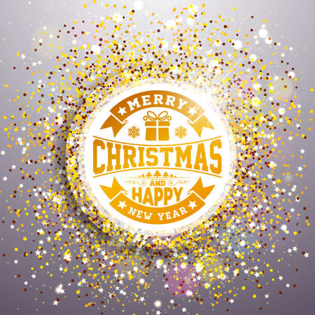 Vector Merry Christmas and Happy New Year Illustration with Typography Design on Shiny Glittered Background.のイラスト素材