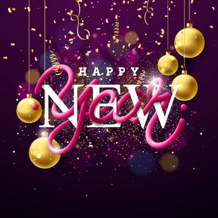 Happy New Year Illustration with Intertwined Tube Typography Design and Gold Ornamental Glass Ball on Shiny Background. Vector Holiday designのイラスト素材