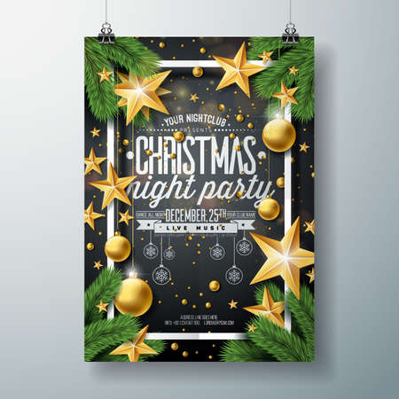 Vector Merry Christmas Party Design with Holiday Typography Elements and Ornamental Balls, Cutout Paper Star, Pine Branch on Black Background. Celebration Flyer Illustration.のイラスト素材