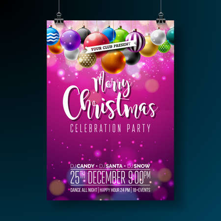 Vector Merry Christmas Party Design with Holiday Typography Elements and Multicolor Ornamental Balls on Shiny Background. Premium Celebration Flyer Illustration.のイラスト素材