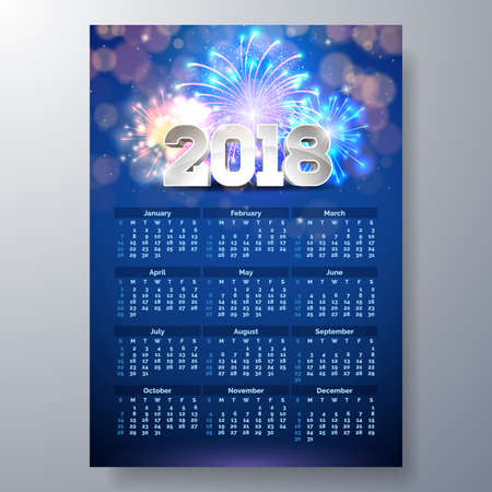 2018 Calendar Template Illustration with 3d Number on Shiny Fireworks Background. Week Starts on Sunday. Vector Design.のイラスト素材