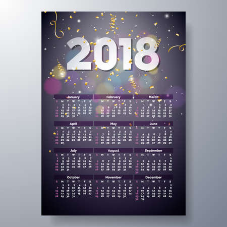 2018 Calendar Template Illustration with 3d Number on Shiny Fireworks Background. Week Starts on Sunday. Vector Design.のイラスト素材