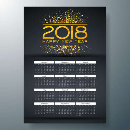 2018 Calendar Template Illustration with Shiny Gold Number on Black Background. Week Starts on Sunday. Vector Design.のイラスト素材