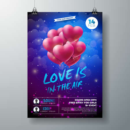 Vector Valentines Day Party Flyer Design with Typography and Heart on Red Background.. Love is in the Air Celebration Poster Template for Invitation or Greeting Cardのイラスト素材