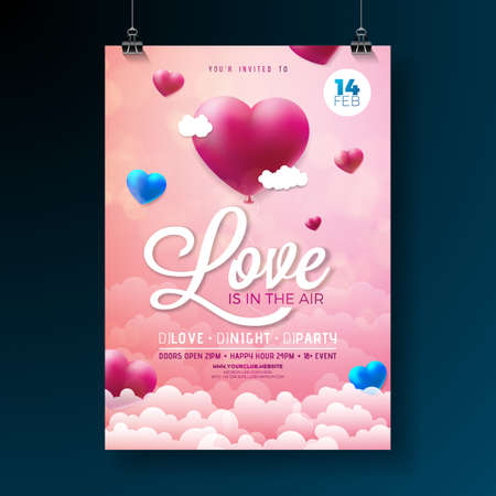 Valentine's Day party flyer design with typography and balloon heart on cloud background. Love is in the air celebration poster template for invitation or greeting card.のイラスト素材