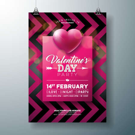 Vector Valentines Day Party Flyer Design with Typography and Heart on Red Background. Premium Celebration Poster Template for Invitation or Greeting Card.のイラスト素材