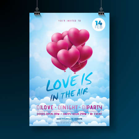 Vector Valentines Day Party Flyer Design with Typography and Balloon Heart on Cloud Background. Love is in the Air Celebration Poster Template for Invitation or Greeting Card.のイラスト素材