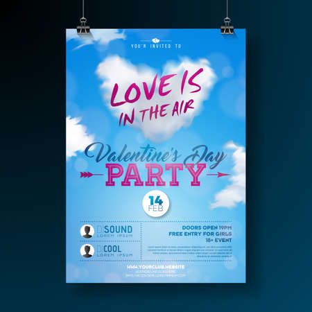 Valentines Day Party Flyer Design with Typography and Cloud Heart on Blue Background. Vector Love is in the Air Celebration Poster Template for Invitation or Greeting Cardのイラスト素材