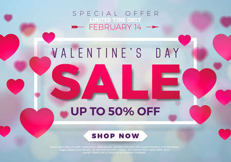 Valentines day sale background with red heart. Vector special offer illustration for coupon, banner, voucher or promotional poster.