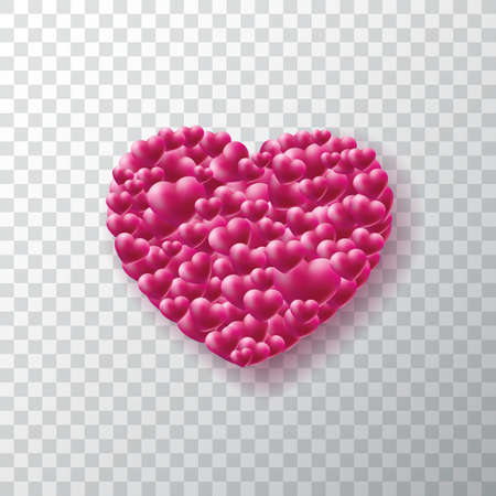 Valentines Day Background with lot of glossy heart on transparent background. Vector holiday illustration for greeting card, poster and bannersのイラスト素材