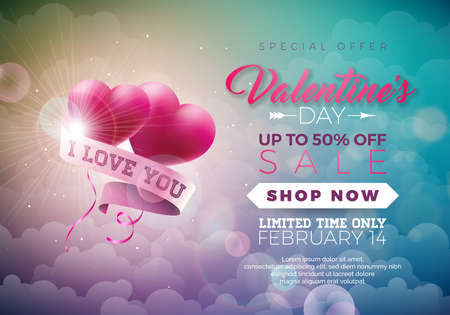Valentines day sale illustration with heart on red background. Vector special offer illustration for coupon, banner, voucher or promotional posterのイラスト素材