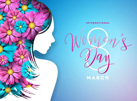 Happy Womens Day Floral Greeting Card Design. International Female Holiday Illustration with Women...