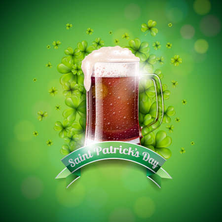 Saint Patricks Day Design with Fresh Dark Beer and Falling Clovers Leaf on Green Background. Irish Holiday Vector Illustration for Greeting Card, Party Invitation or Promo Banner.のイラスト素材