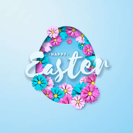 Vector Illustration of Happy Easter Holiday with Painted Egg and Flower on Clean Background. International Celebration Design with Typography for Greeting Card, Party Invitation or Promo Banner.のイラスト素材