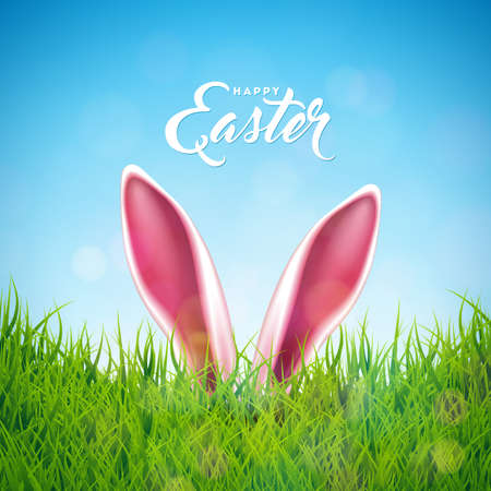 Vector Illustration of Happy Easter Holiday with Rabbit Ears, Painted Egg and Flower on Nature Grass Background.のイラスト素材