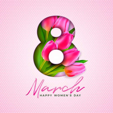 Happy Womens Day Illustration with Tulip Bouquet and 8 March Typography Letter on Pink Background....