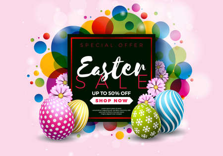 Easter Sale Illustration with Color Painted Egg and Typography Element on Abstract Background. Vector Holiday Design Template for Coupon, Banner, Voucher or Promotional Poster.のイラスト素材