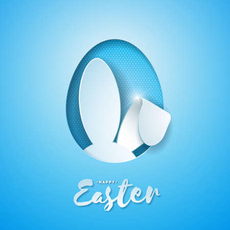 Vector Illustration of Happy Easter Holiday with Rabbit Ears in Cutting Egg and Typography Letter on Blue Background. International Celebration Design for Greeting Card, Party Invitation or Promo Bannerのイラスト素材