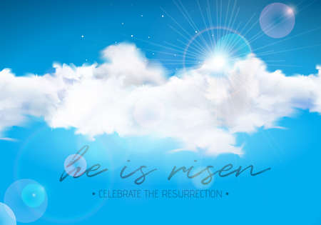Easter Holiday illustration with cloud on blue sky background. He is risen. Vector Christian religious design for resurrection celebrate theme.のイラスト素材