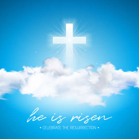 Easter Holiday illustration with cross and cloud on blue sky background. He is risen. Vector Christian religious design for resurrection celebrate theme.のイラスト素材