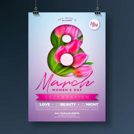 Womens Day Party Flyer Illustration with Tulip Flower Bouquet and 8 March Typography Letter on Pink Background. 8 March Female Holiday Design for Celebration Poster, Banner or Invitation.のイラスト素材